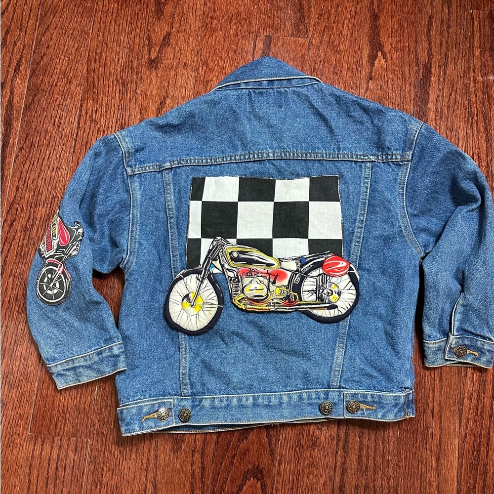 Harley Davidson theme youth denim jacket with HD patches and lapel pin